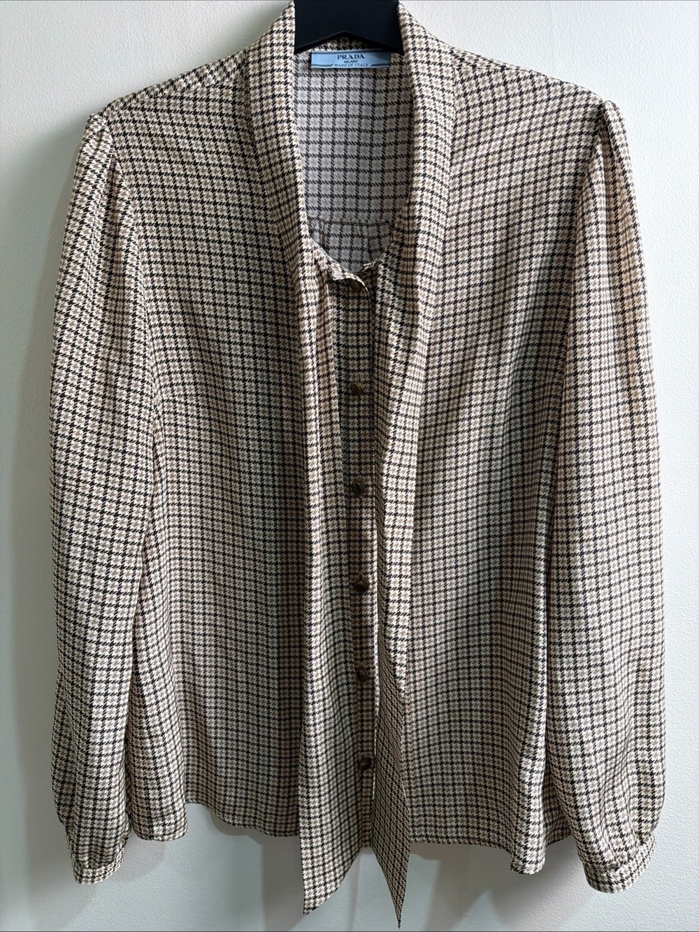 Prada Silk Houndstooth Tie-Neck Womens Shirt - Picture 4 of 5